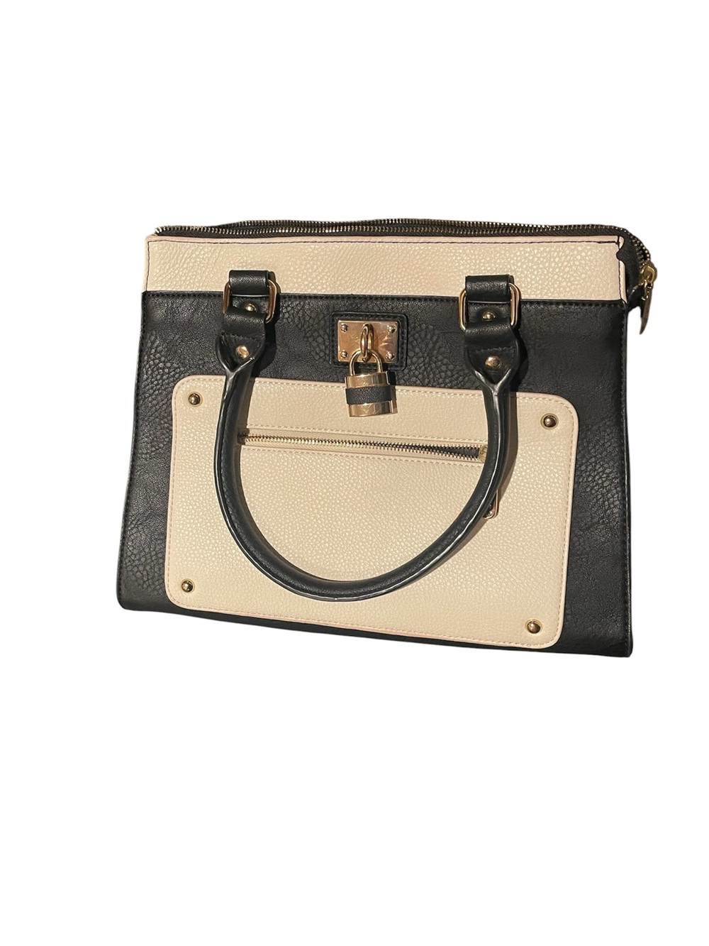 Charming Charlie Two-Tone Black and Cream Structured Tote Bag with Front Pocket